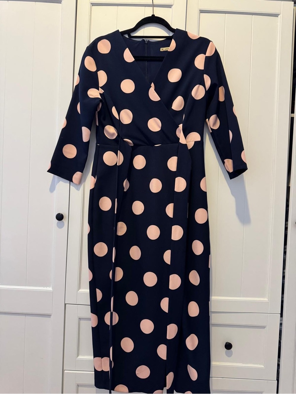 Navy Blue Wrap Midi Dress with Pink Polka Dots